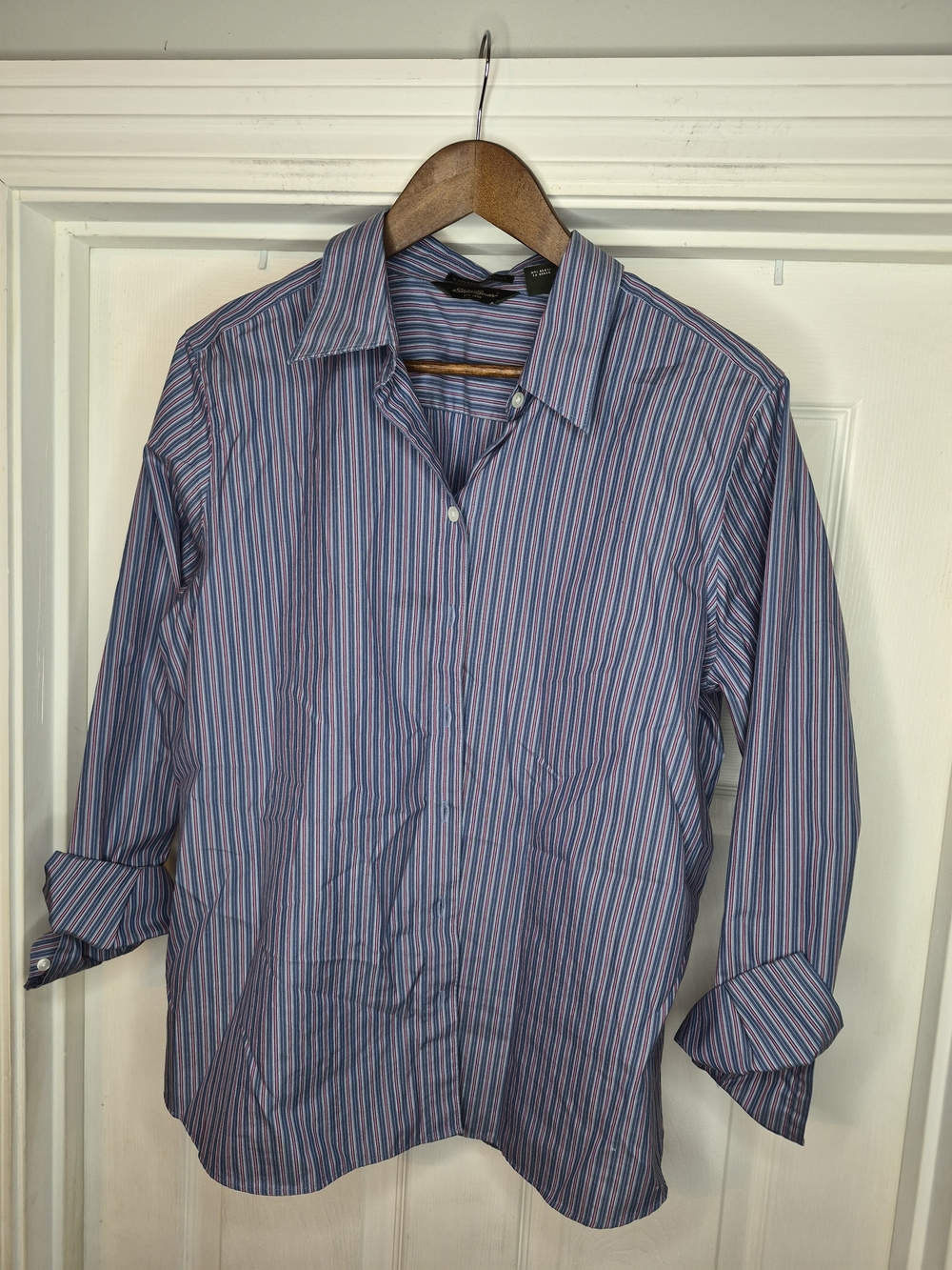 Eddie Bauer Blue Shirt with Pink and White Stripes XL